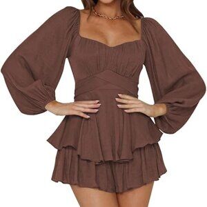 Lantern Long Sleeve Ruffle Tie Romper – Short/Jumpsuit Style